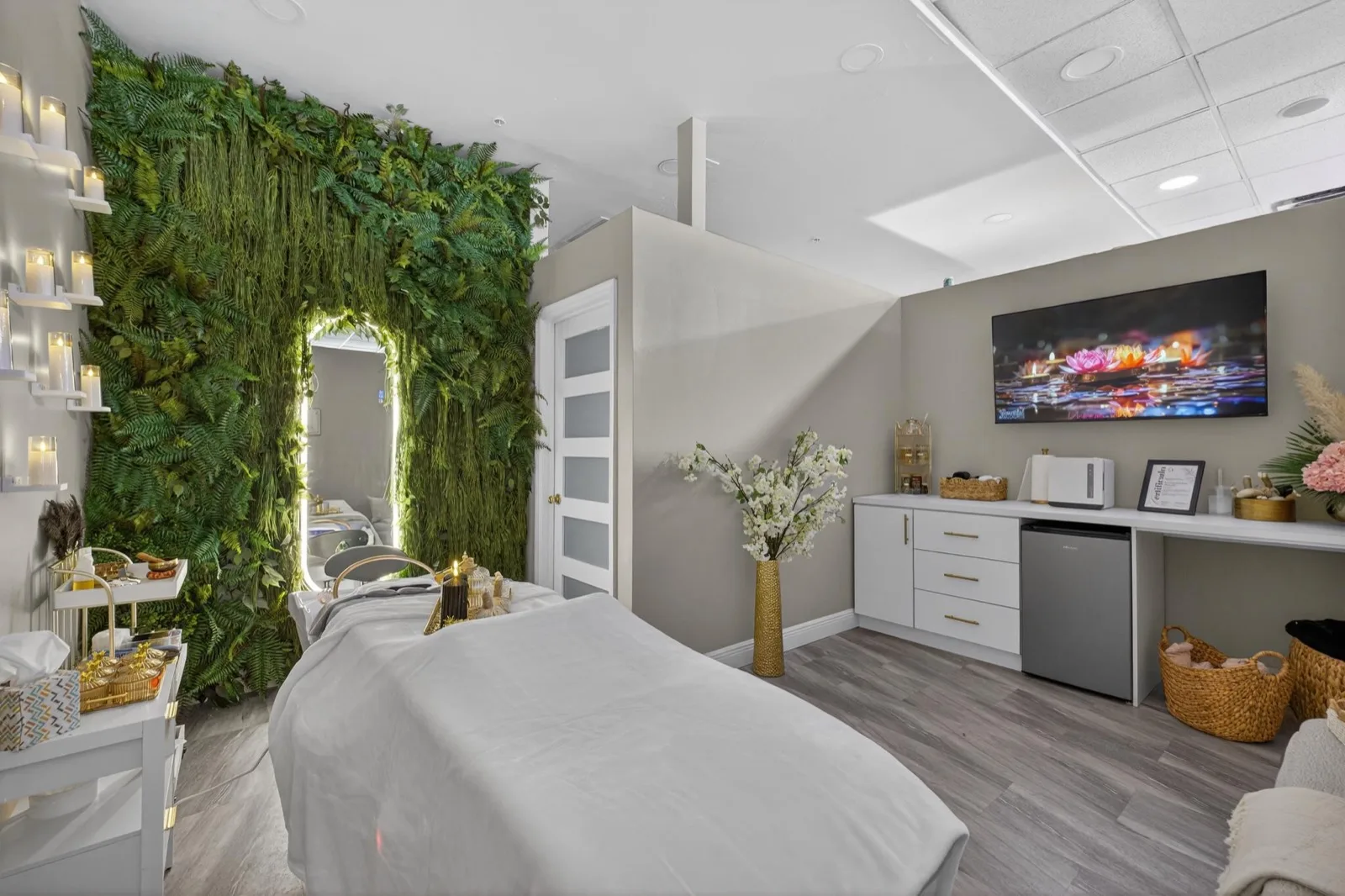 A treatment suite with a wall screen, cabinets and a potted tree beside the living wall
