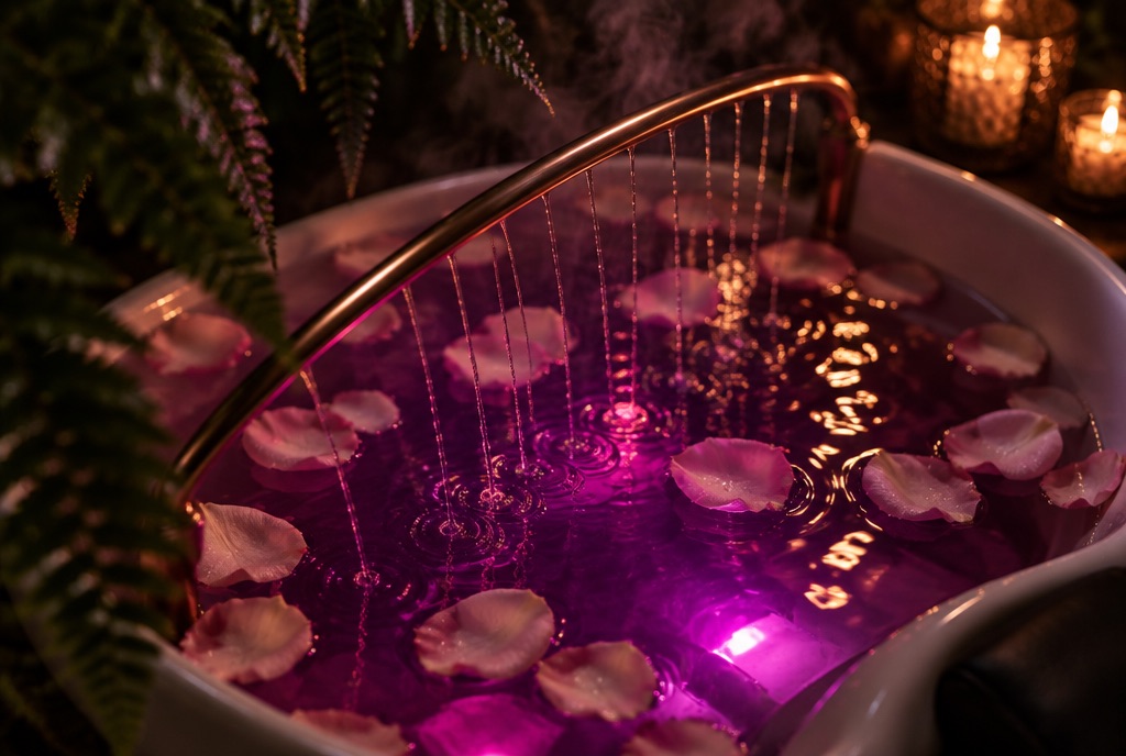 Looking down into the head-spa basin: violet-lit water strewn with rose petals, fine water threads falling from a rose-gold arc, steam and fern fronds at the edge