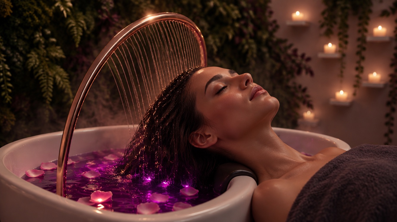 A rose-gold halo arc pours fine warm water threads through a reclined client's hair above a violet-lit basin scattered with rose petals, candles and a living wall behind