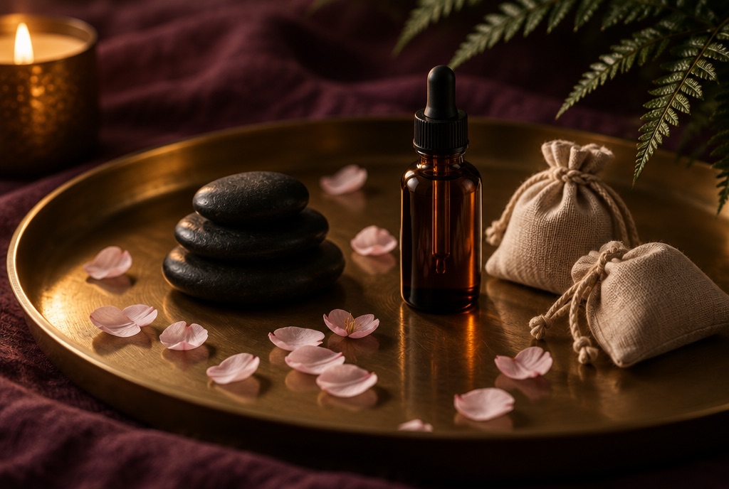 A brass tray on plum linen holding cherry-blossom petals, stacked basalt hot stones, two linen herbal pouches and an amber aromatherapy dropper bottle, lit by candlelight