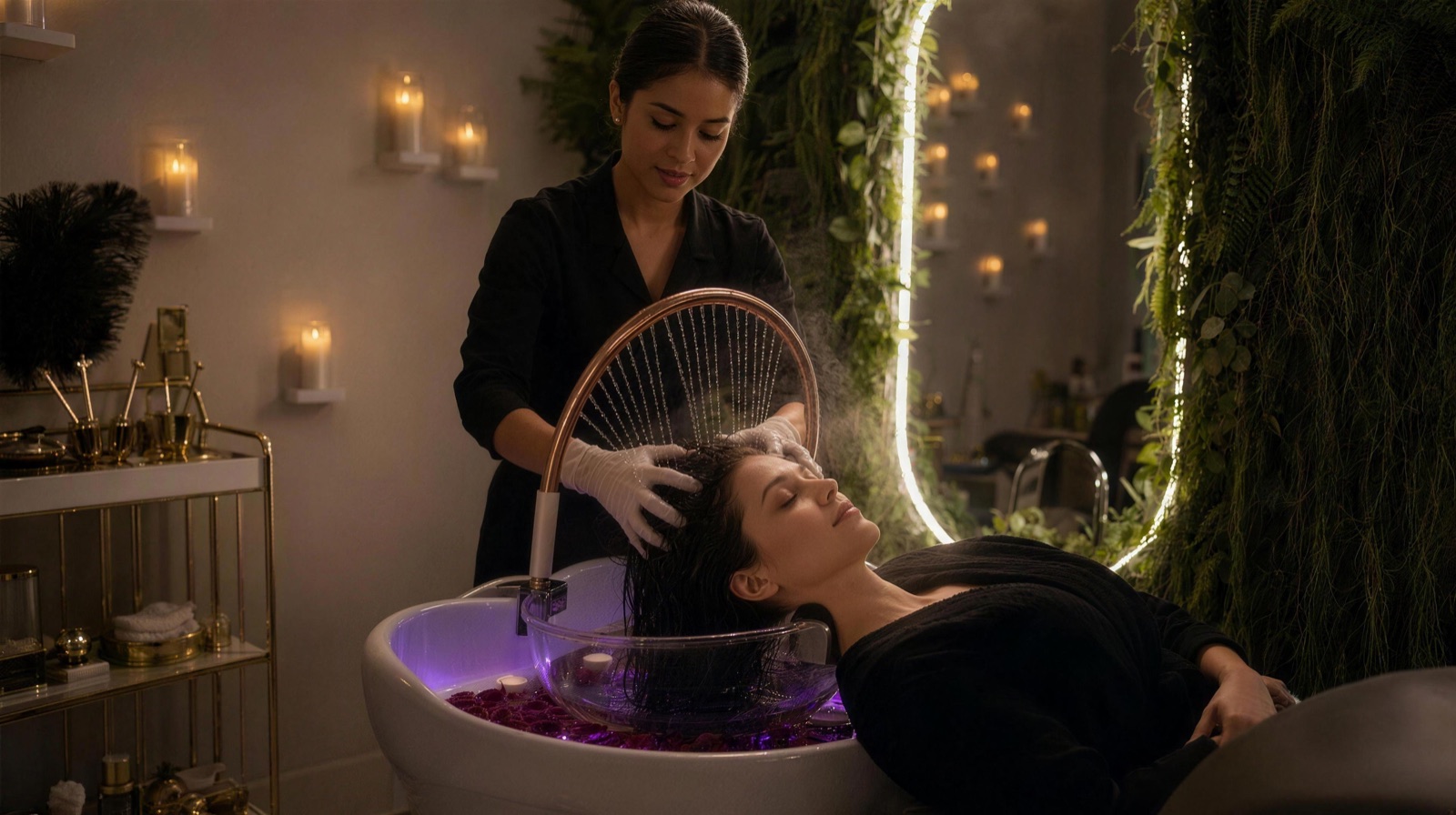 An esthetician massages a reclined client's scalp beneath a rose-gold halo arc of fine water jets, in a candlelit studio with a plush green living wall and glowing arched mirror
