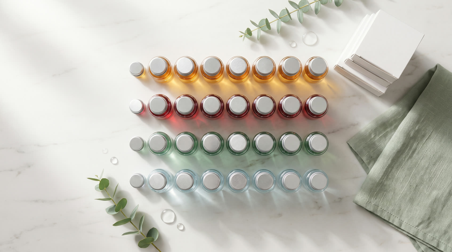 Take-home vitamin vials and ampoules laid out in rows on pale marble — amber, crimson B12, jade and ice-blue — beside plain white boxes and eucalyptus