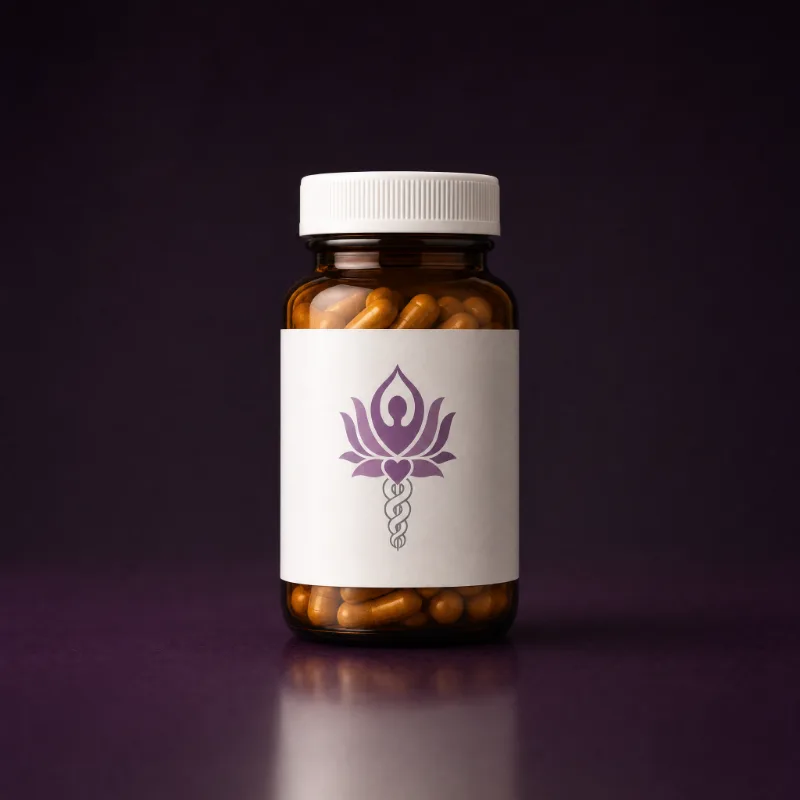 An amber glass supplement bottle with a white cap and the Optimal Wellness lotus mark on the label, capsules visible through the glass, on a dark plum surface
