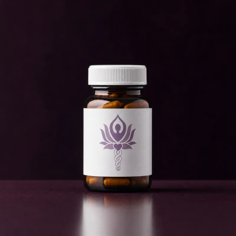 A small 30-count amber glass supplement bottle with a white cap and the Optimal Wellness lotus mark on the label, on a dark plum surface