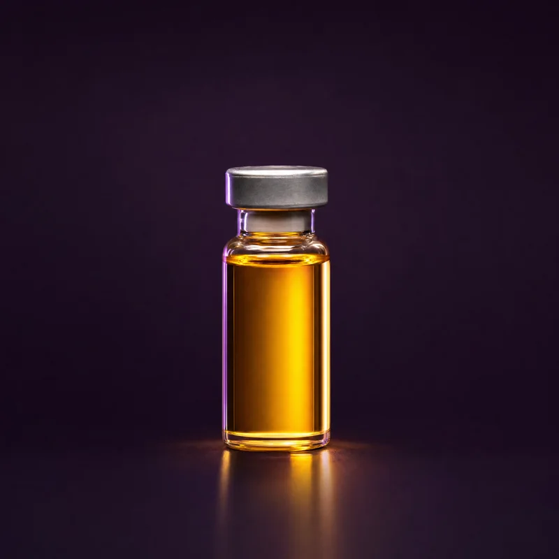 A clear glass injection vial of gold-toned liquid on a dark plum surface