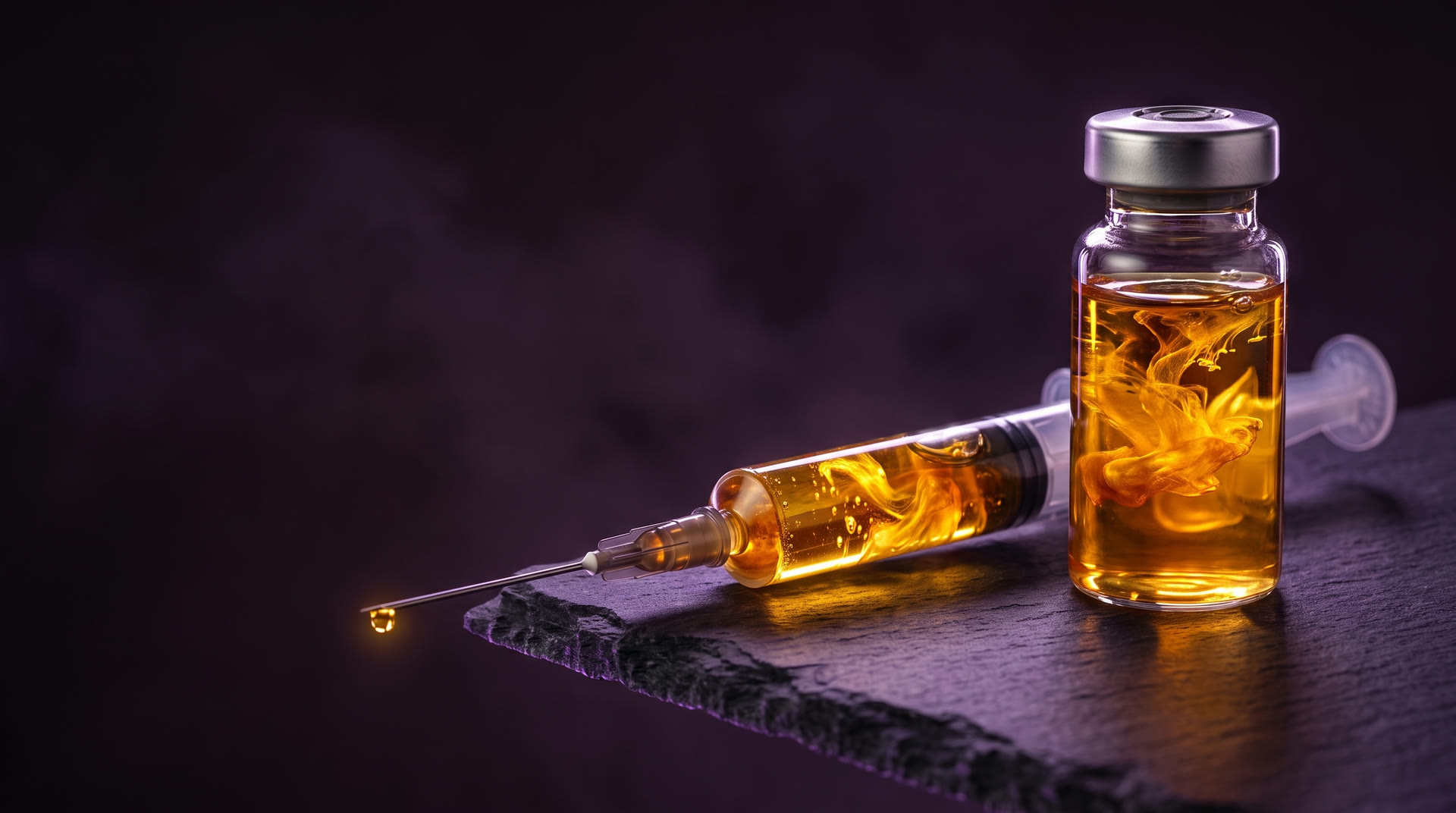 A precision syringe of luminous gold medication resting on dark slate beside a matching glass vial, the liquid blooming inside like ink in water and a single gold droplet hanging at the needle tip